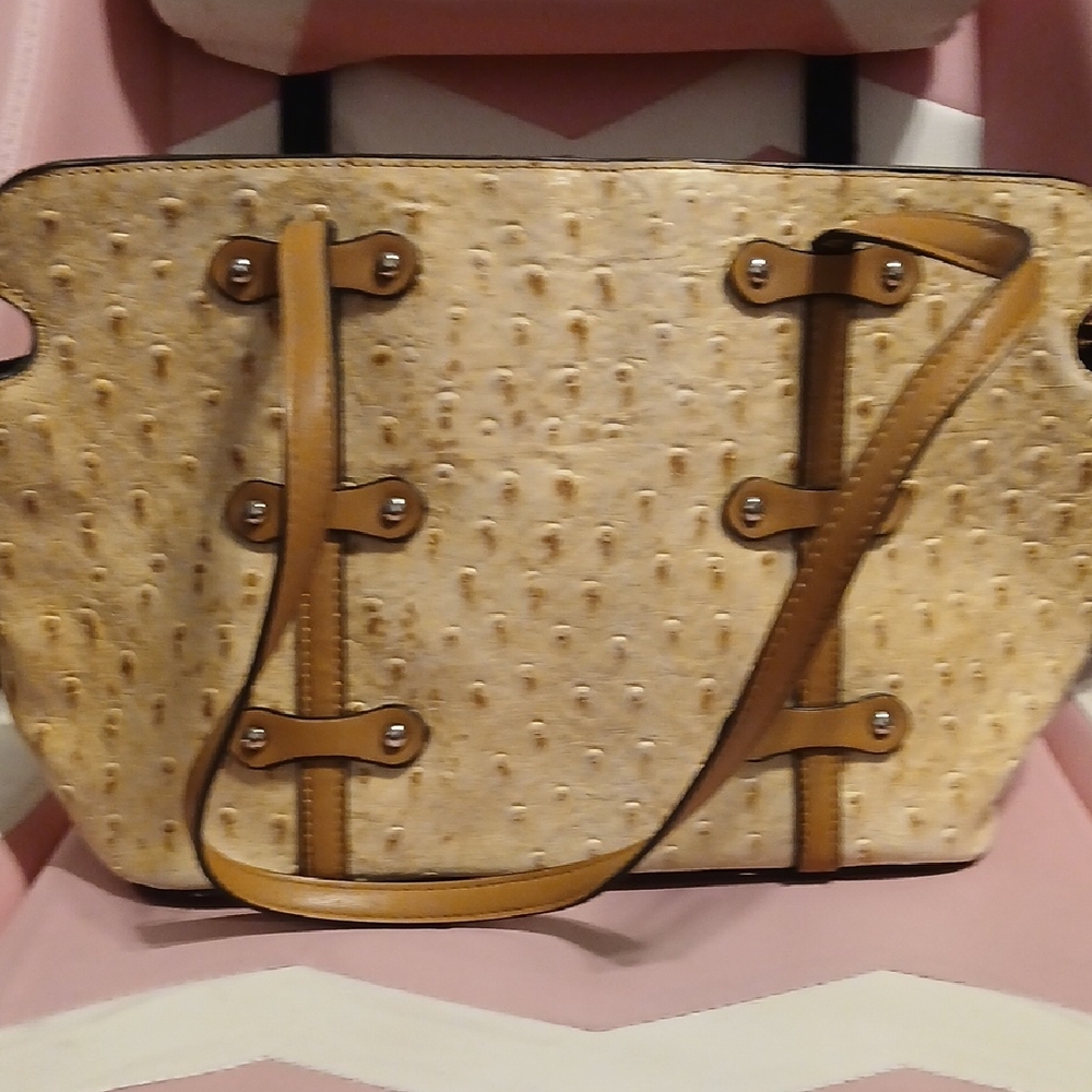 Madi Claire Beige Ostrich-Texture Tote with Tan Strap Accents